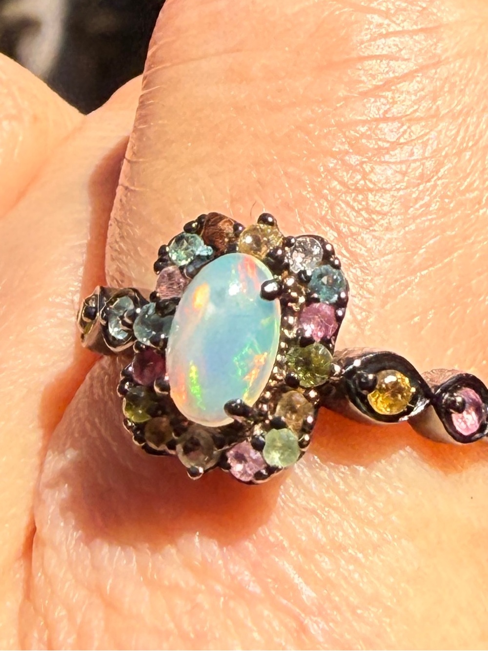 Multicolor Opal Halo Ring in Blackened Silver Sz8